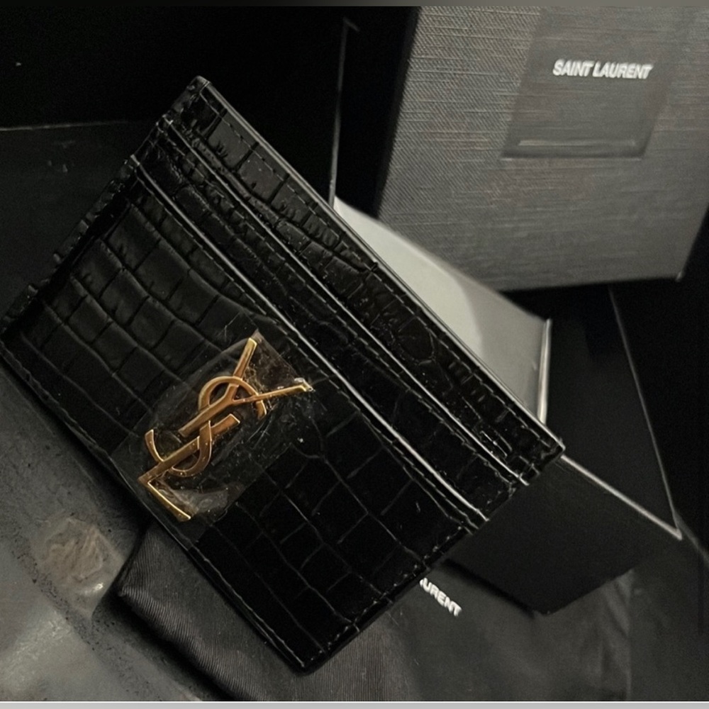 YSL Monogram Card Case in Croc-Embossed Leather